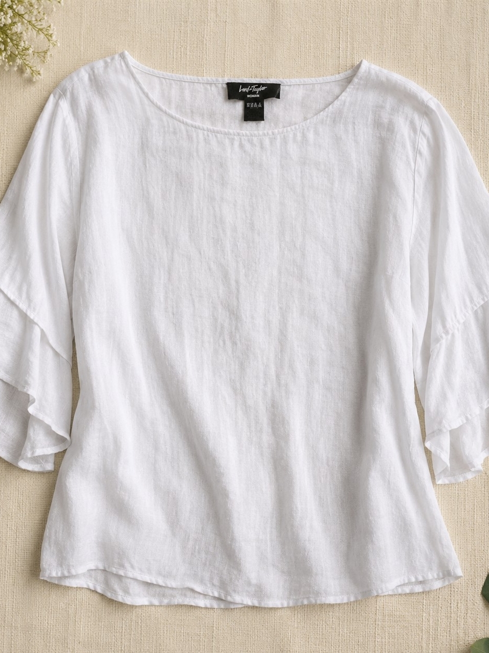 Lord + Taylor White Linen Ruffle Sleeve Blouse 2X